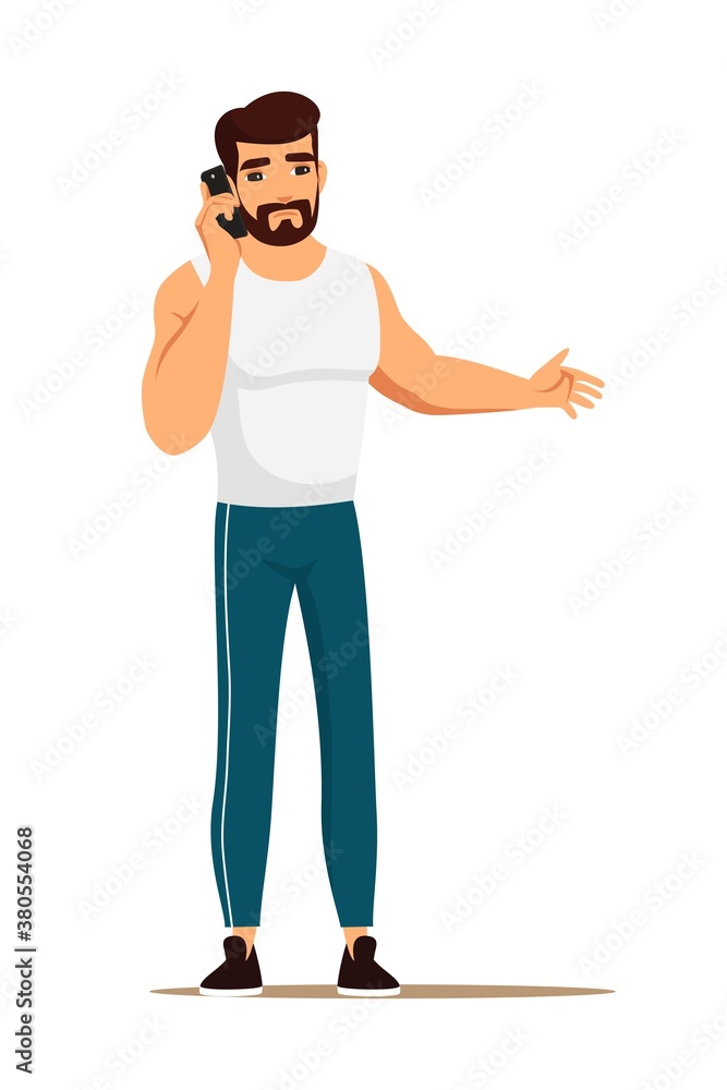 Man with mobile phone. Young muscular guy holding smartphone in hand vector illustration. Sad unhappy man in gym sport clothes talking with cell gadget on white background Man with mobile phone. Young muscular guy holding smartphone in hand vector illustration. Sad unhappy man in gym sport clothes talking with cell gadget on white background
