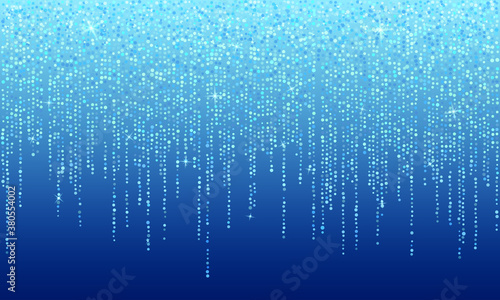 Falling in lines silver glitter confetti garlands dots rain. Abstract blue winter background with snowflakes and stars.