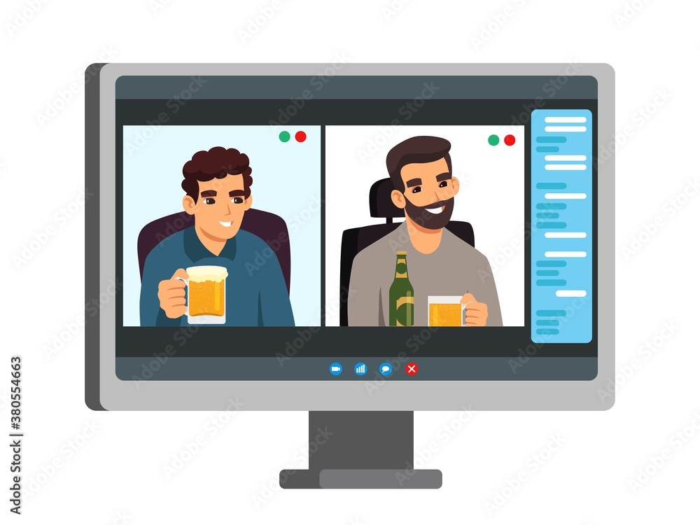 People drinking beer at online video call on computer screen. Communication via digital technology vector illustration. Male friends celebrating with beer. Virtual digital meeting People drinking beer at online video call on computer screen. Communication via digital technology vector illustration. Male friends celebrating with beer. Virtual digital meeting