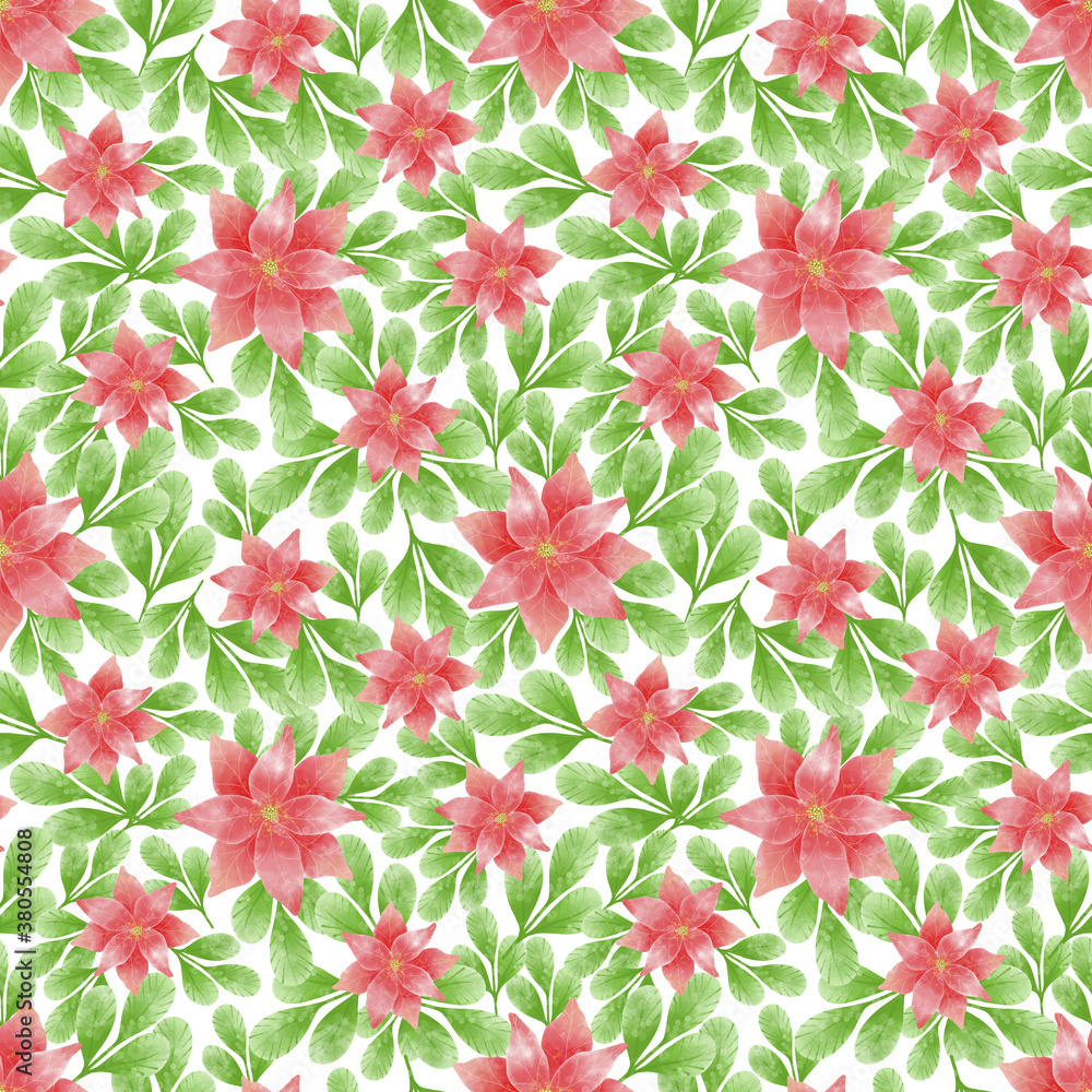 Fototapeta premium Red Poinsettia seamless pattern. Watercolor christmas illustration