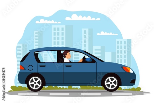 Man driving car on road. Business person riding vehicle. Transportation and travel in modern city vector illustration. Side view, background with buildings and sky with clouds