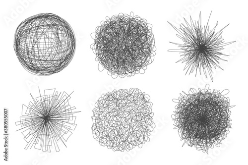 Tangled chaos abstract hand drawn messy scribble ball vector illustration set. Random chaotic dynamic scrawl lines collection. Wild emotion irregular patterns isolated on white background.