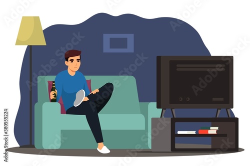 Happy man watching tv at home alone. Young guy at house sitting on couch, watching television and drinking beer. Rest and relax at house vector illustration. Modern interior design