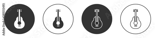 Black Mexican guitar icon isolated on white background. Acoustic guitar. String musical instrument. Circle button. Vector.