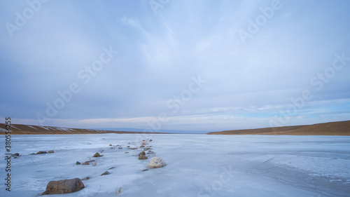 The frozen river Huren gol during winter in Govi-Altai province, Mongolia.