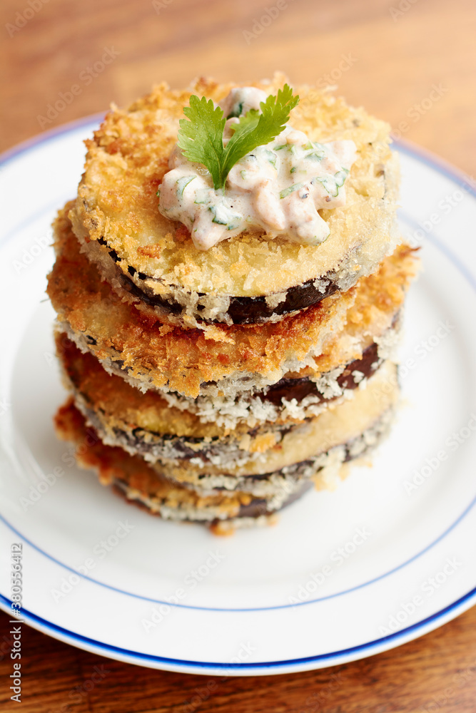 Breaded Eggplant with Spicy Walnut Yogurt Sauce Breaded Eggplant with Spicy Walnut Yogurt Sauce