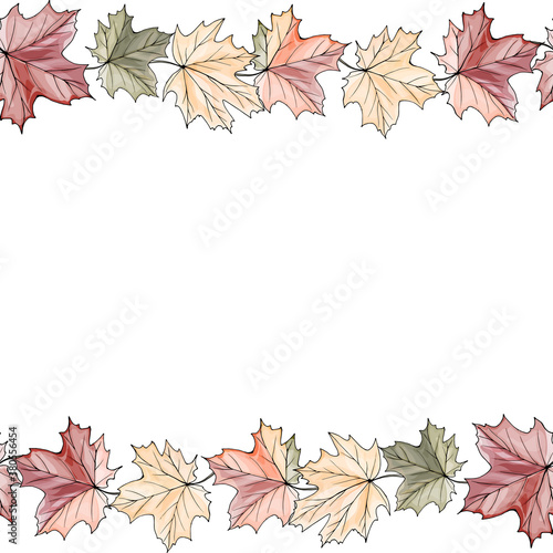 Vector autumn frame with maple leaves on white background. Seamless horizontal border. For fashion  greetings  save the dates.