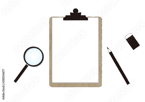 クリップボードと筆記用具　虫眼鏡 2　Clipboard and writing utensils magnifying glass 2