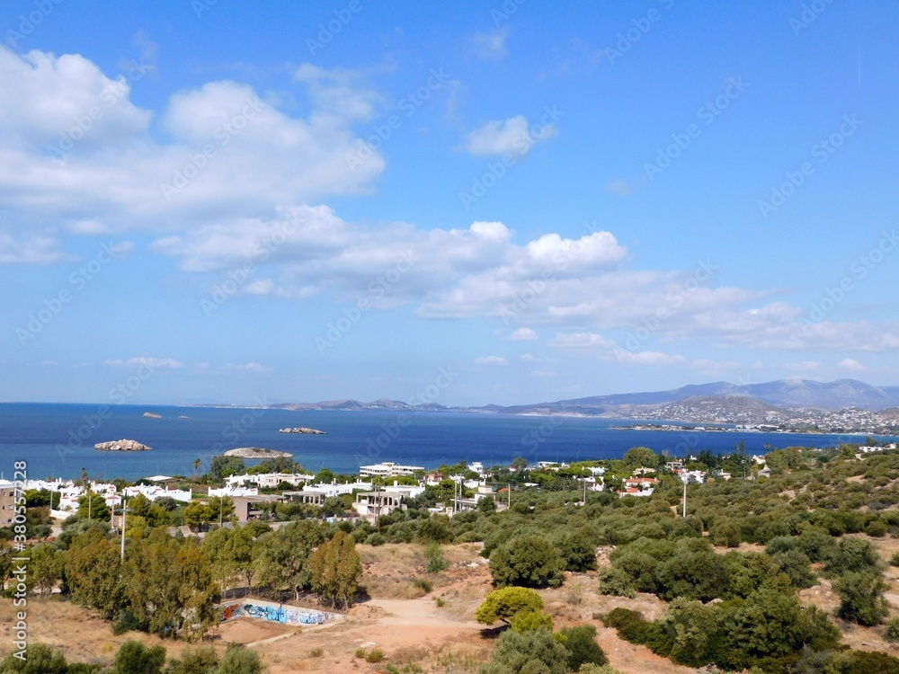 Panoramic view of the coast and the Saronis town in Attica, Greece
