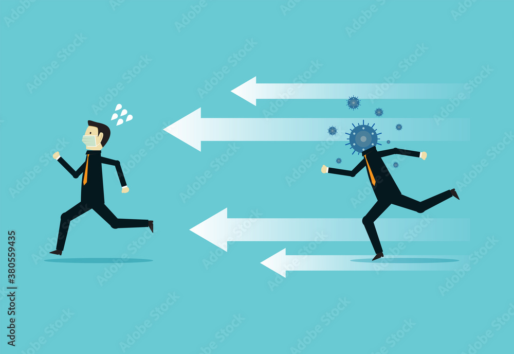 Vector concept running from a virus headed man Vector concept running from a virus headed man