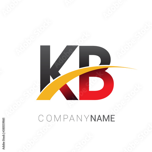 initial letter KB logotype company name colored red, black and yellow swoosh design. isolated on white background.