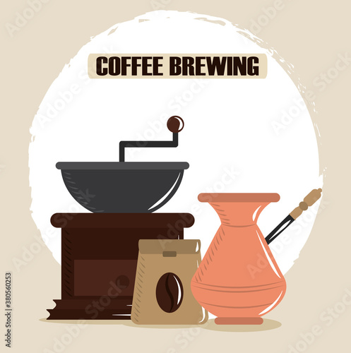 coffee brewing, turkish pot grinder and package seeds