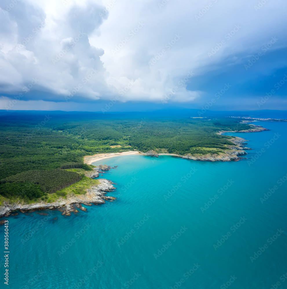 Aerial panoramic view of picturesque coastline with sand beaches, rocks and green forests on the southern Black Sea coast, Bulgaria.