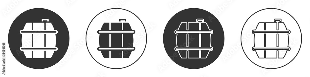 Black Wooden barrel for wine icon isolated on white background. Circle button. Vector.