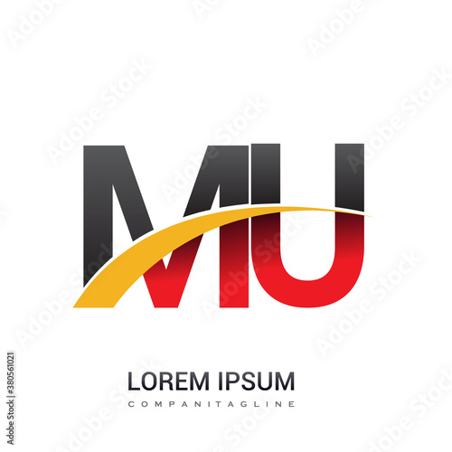 initial letter MU logotype company name colored red, black and yellow swoosh design. isolated on white background.