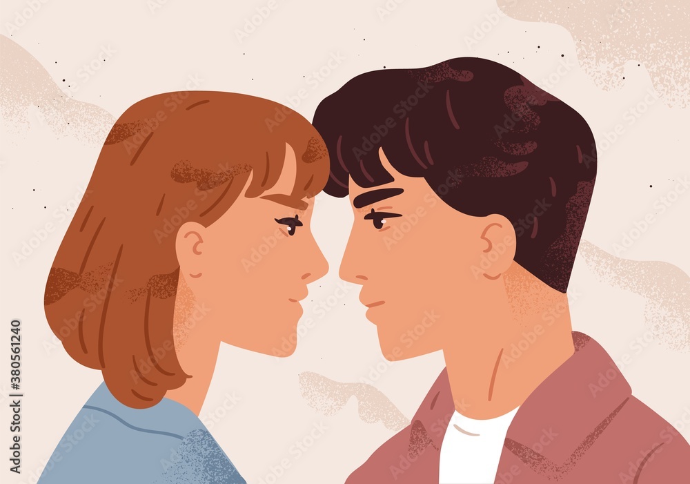 Man and woman looking to each other feeling love vector flat illustration. Enamored couple before first kiss. Profile face of male and female at romantic date. Passion and relationship concept Man and woman looking to each other feeling love vector flat illustration. Enamored couple before first kiss. Profile face of male and female at romantic date. Passion and relationship concept