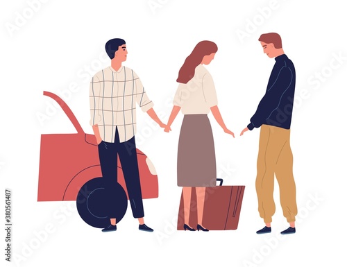 Betrayed husband saying goodbye wife going to another man vector flat illustration. Female with suitcase leave unhappy male isolated on white. Concept of love triangle and family destruction