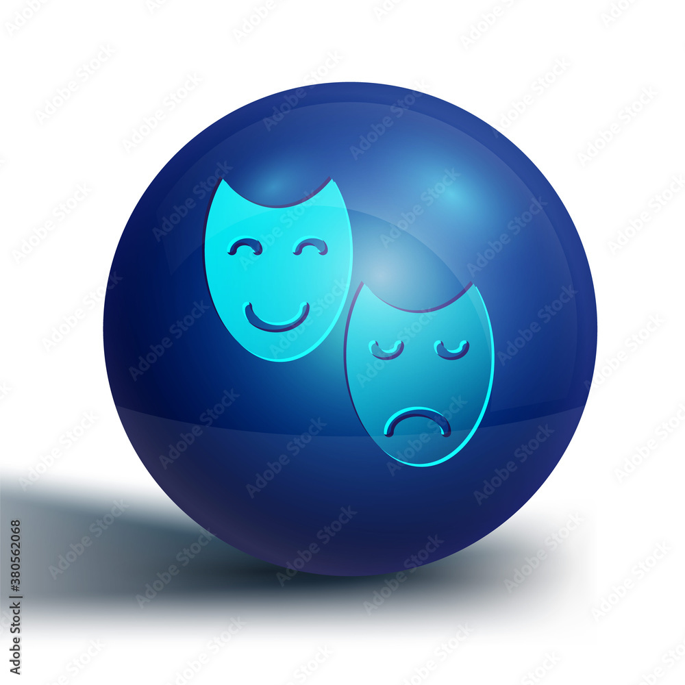 Blue Comedy and tragedy theatrical masks icon isolated on white background. Blue circle button. Vector. Blue Comedy and tragedy theatrical masks icon isolated on white background. Blue circle button. Vector.