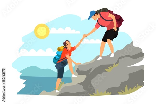 Couple climbing on mountain. Man and woman trekking in mountains, going to top, guy holding hand and helping. Tourist outdoor scene vector. Traveling together, extreme sport