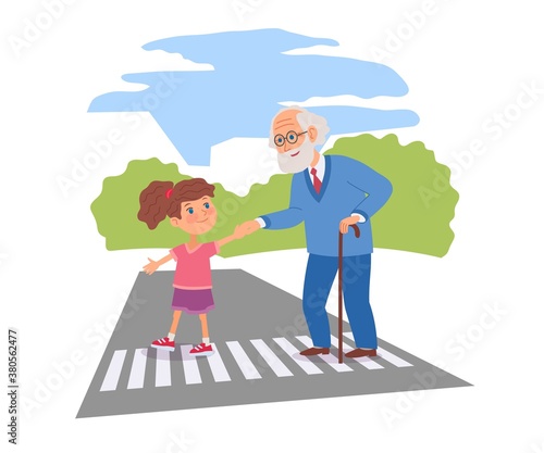 Good child helping senior man to cross street. Courteous kind kid taking old man across road, holding hand. Manners and respect vector illustration. Polite girl taking care of senior