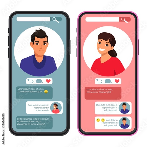Online dating app on two phones. Happy man and woman chatting in social network. Finding soulmate concept vector illustration. Conversation with text messages, emoji via internet