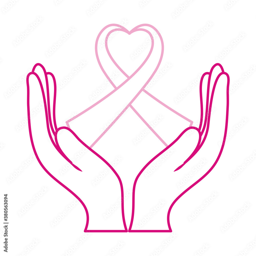 breast cancer awareness month, hands with ribbon shaped heart support, healthcare concept line icon breast cancer awareness month, hands with ribbon shaped heart support, healthcare concept line icon