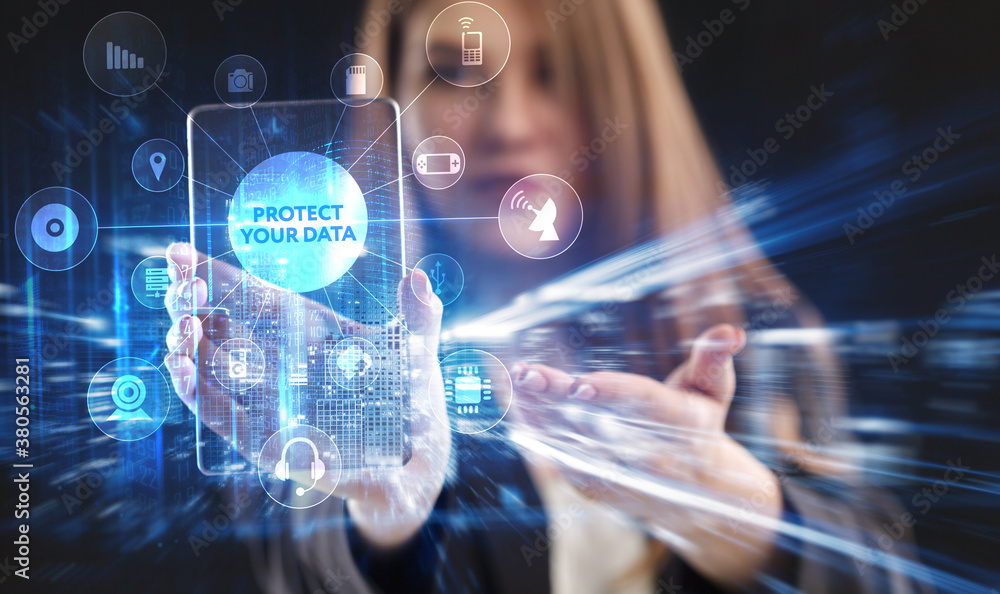 Business, Technology, Internet and network concept. Young businessman working on a virtual screen of the future and sees the inscription: Protect your data Business, Technology, Internet and network concept. Young businessman working on a virtual screen of the future and sees the inscription: Protect your data