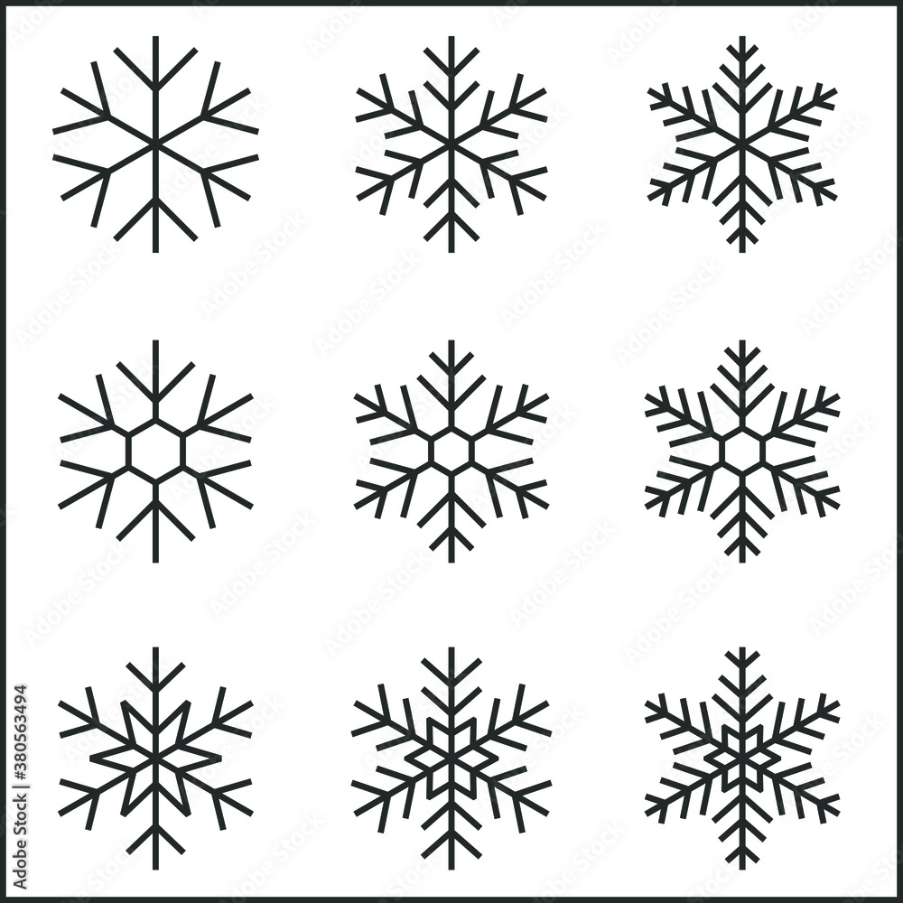 Snowflakes silhouettes vector set. Regular geometric shapes. Simple winter snow decoration for Christmas design. Black silhouettes isolated on white background. Nice snowflakes for christmas holidays.