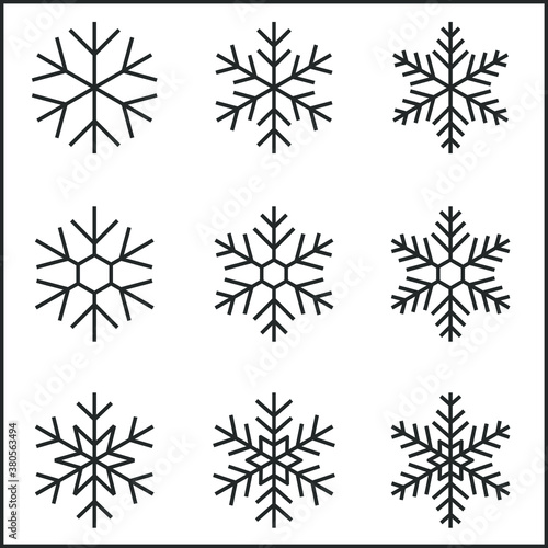 Snowflakes silhouettes vector set. Regular geometric shapes. Simple winter snow decoration for Christmas design. Black silhouettes isolated on white background. Nice snowflakes for christmas holidays. © Vector FX