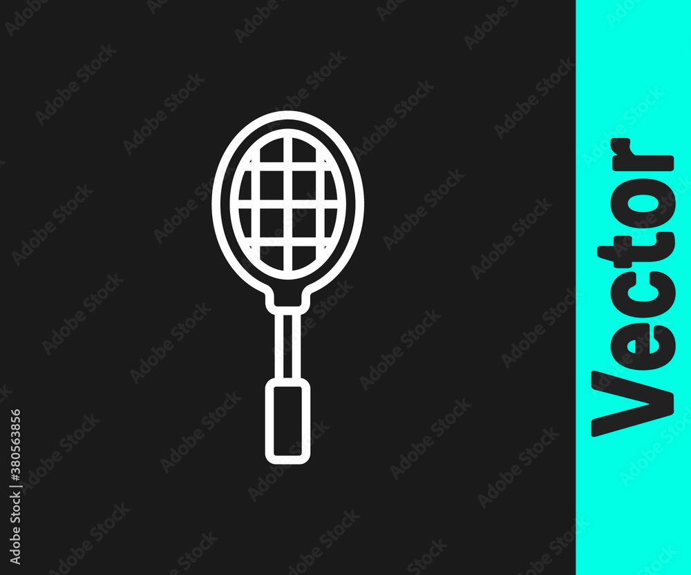 White line Tennis racket icon isolated on black background. Sport equipment. Vector Illustration. White line Tennis racket icon isolated on black background. Sport equipment. Vector Illustration.