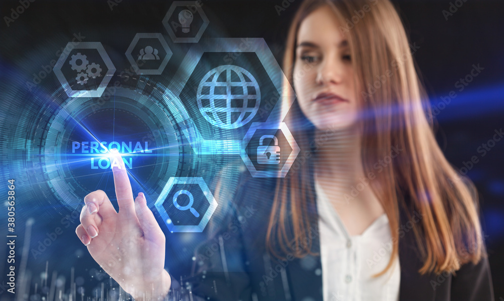 Business, Technology, Internet and network concept. Young businessman working on a virtual screen of the future and sees the inscription: Personal loan