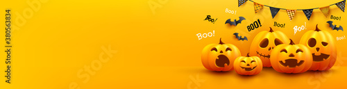 Happy Halloween poster and banner template with cute halloween pumpkin, bats and buntings on yellow background. Website spooky,Background or banner Halloween template.Vector illustration EPS10