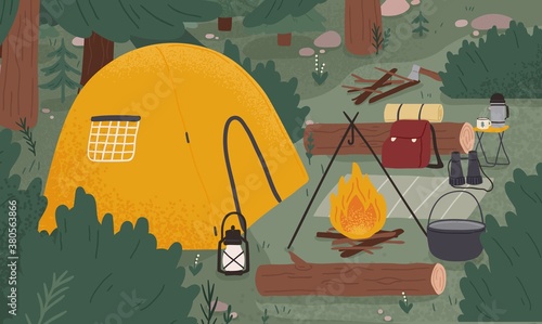 Empty forest touristic camp with tent and bonfire vector flat illustration. Equipment for adventure tourism and active lifestyle. Campsite or halt during travel, bushcraft or backpacking