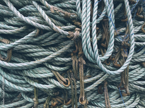 Close up of pile of industrial rope used for commercial fishing photo