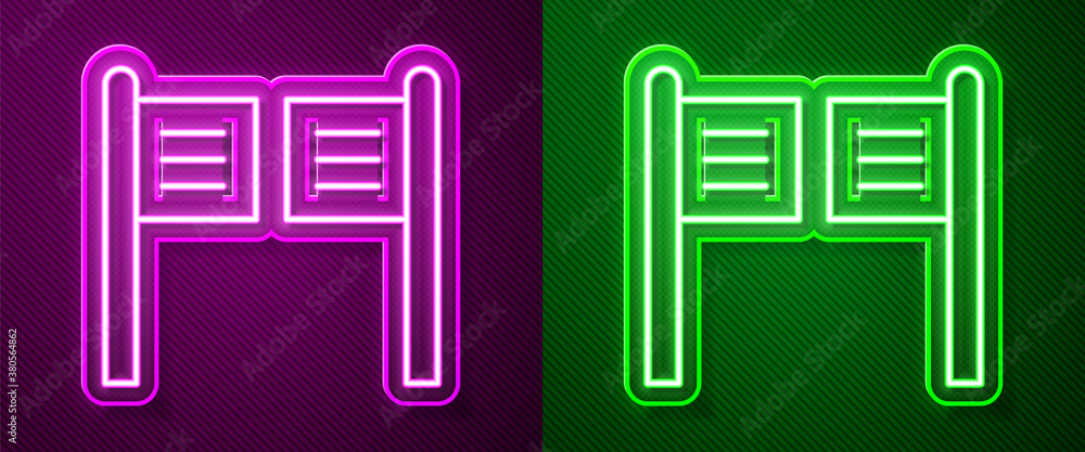Glowing neon line Old western swinging saloon door icon isolated on purple and green background. Vector Illustration. Glowing neon line Old western swinging saloon door icon isolated on purple and green background. Vector Illustration.