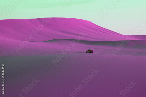 Surreal pop art style vivid purple pink colored desert with a running dune buggy under pastel green sky