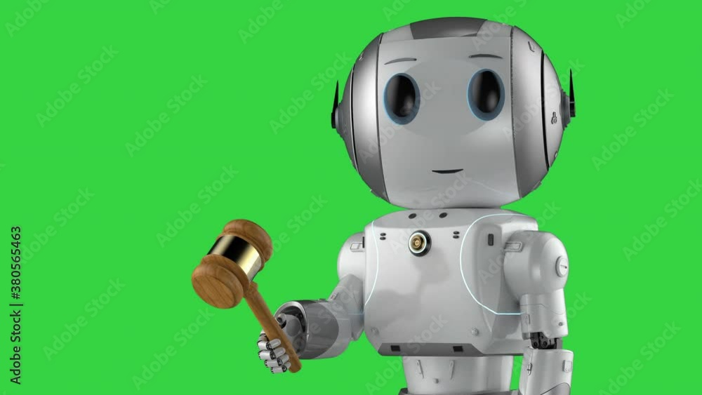 Cyber law concept with 3d rendering mini robot hand holding gavel judge on green screen 4k footage