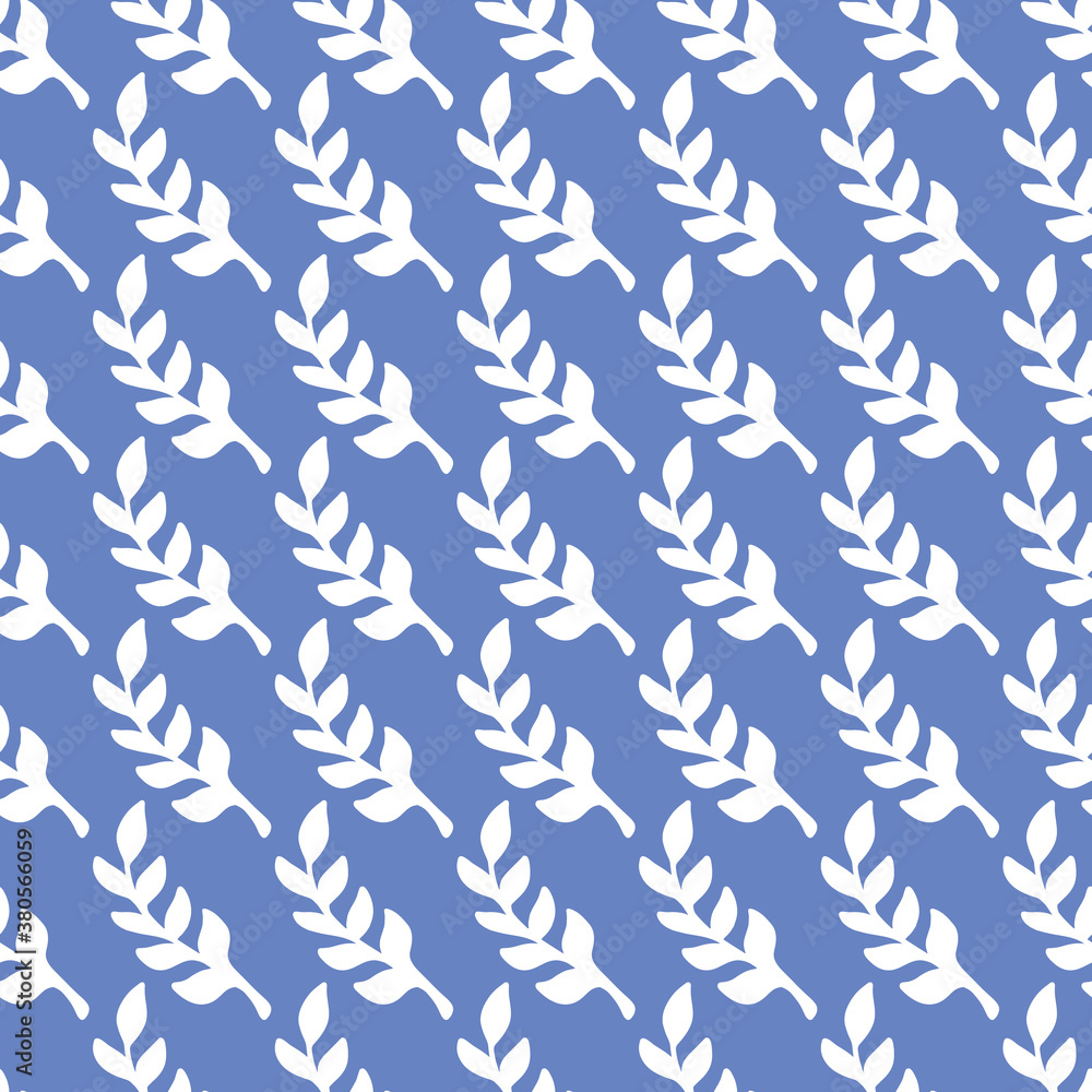 Simple vector foliage repeat pattern design. Blue and white nature background.