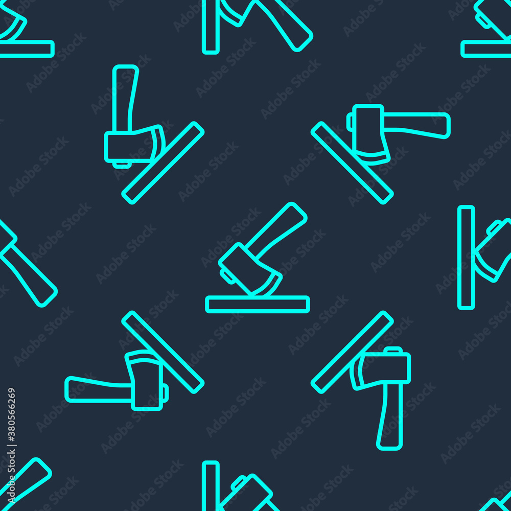 Green line Wooden axe icon isolated seamless pattern on blue background. Lumberjack axe. Vector Illustration. Green line Wooden axe icon isolated seamless pattern on blue background. Lumberjack axe. Vector Illustration.