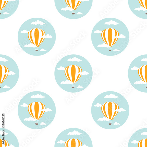 hot air baloons flying in the blue sky with clouds. Flat cartoon vector illustration.
