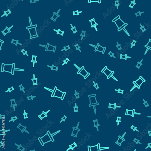 Green line Push pin icon isolated seamless pattern on blue background. Thumbtacks sign. Vector Illustration.