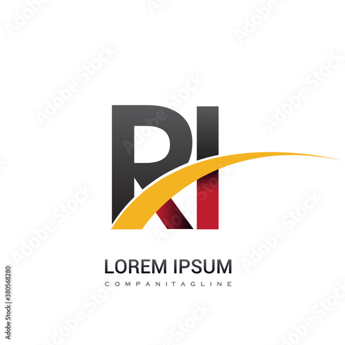 initial letter RI logotype company name colored red, black and yellow swoosh design. isolated on white background.