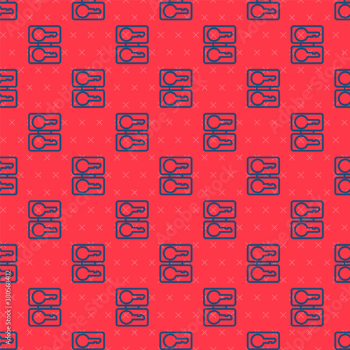 Blue line Metal mold plates for casting keys icon isolated seamless pattern on red background. Set for mass production and forgery of the keys. Vector Illustration.