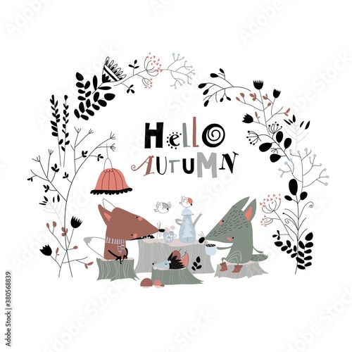 Cute fox with wolf drinking tea in the autumn forest