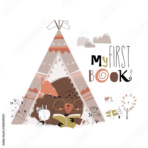Cartoon funny animals reading book in a teepee tent