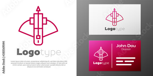 Logotype line Battle crossbow with arrow icon isolated on white background. Logo design template element. Vector.