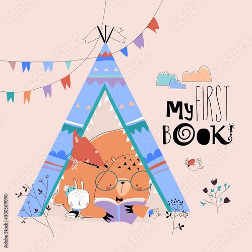 Cartoon funny animals reading book in a teepee tent