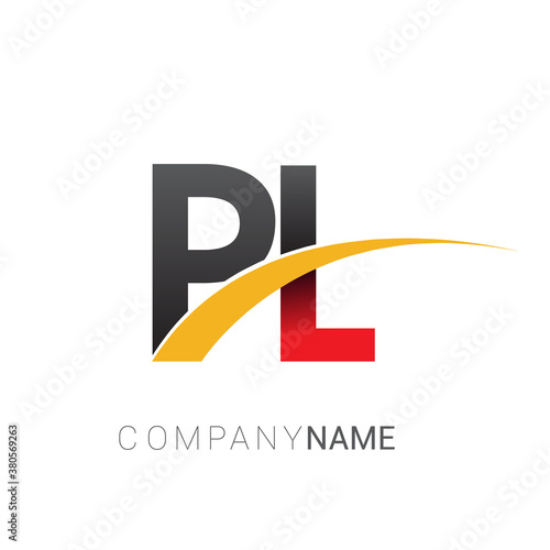 initial letter PL logotype company name colored red, black and yellow swoosh design. isolated on white background.