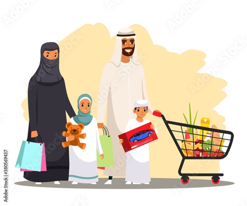 Happy arab muslim family shopping in store. Arabian man and woman in hijab with son and daughter together smiling. Father with cart with groceries, kids with presents. Family love concept vector