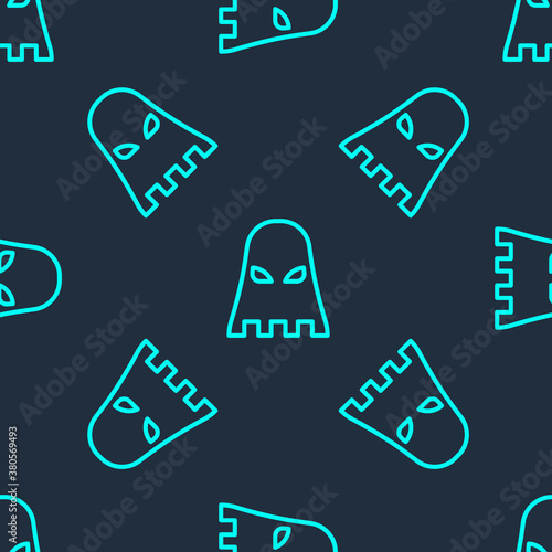 Green line Executioner mask icon isolated seamless pattern on blue background. Hangman, torturer, executor, tormentor, butcher, headsman icon. Vector.